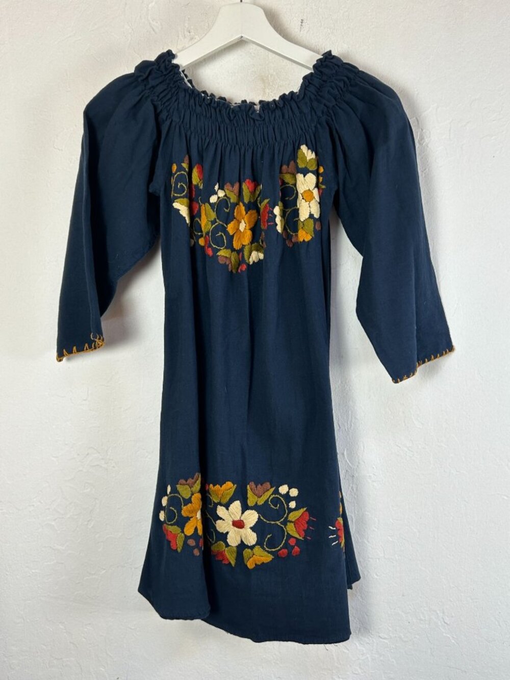 Handmade Womens Navy Blue Mexican Embroidered Floral Smocked Peasant Mini Dress